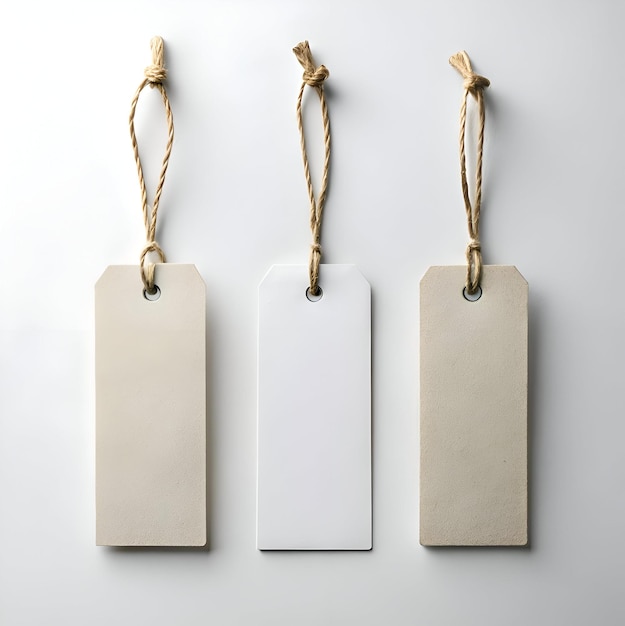 Photo three blank tags with twine hanging on a white background