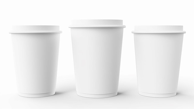 Photo three blank white paper coffee cups isolated on white background