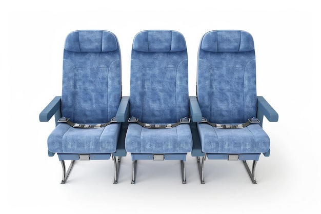 Photo three blue airplane seats aligned in a row against a white background focusing on the design and arrangement of inflight seating