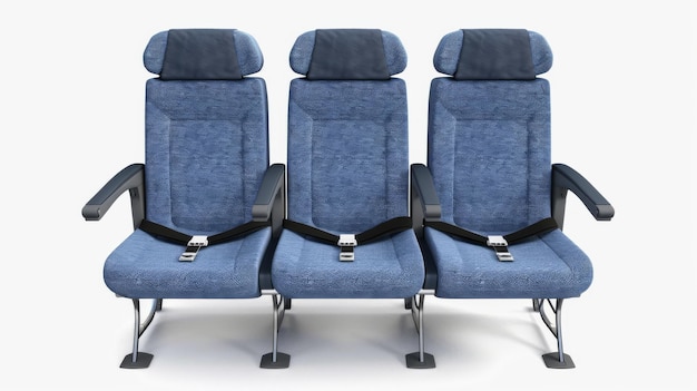 Photo three blue airplane seats with headrests and seat belts viewed from the front offering a glimpse into the comfortable and orderly arrangement of aircraft seating