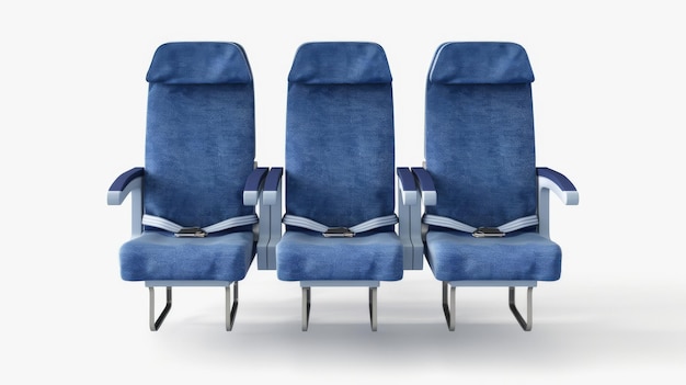 Photo three blue airplane seats with headrests and seat belts viewed from the front showcasing their ergonomic design and sleek modern appearance