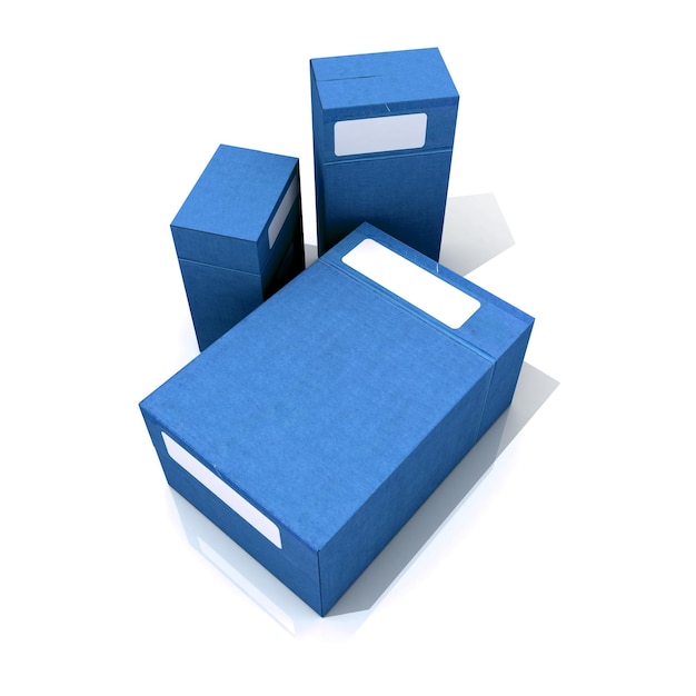 Three blue cardboard boxes with white labels on a white background