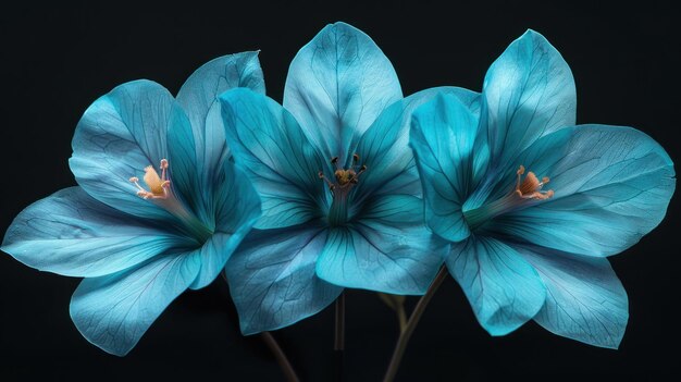 Photo three blue flowers on a dark background