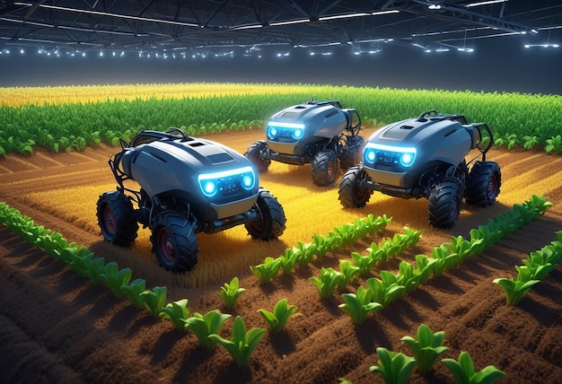 three blue monster trucks are shown in a field with plants