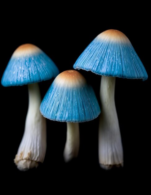 Photo three blue mushrooms with white tops on a black background