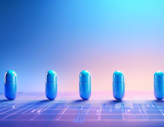 Photo three blue pills on a table with a pink background