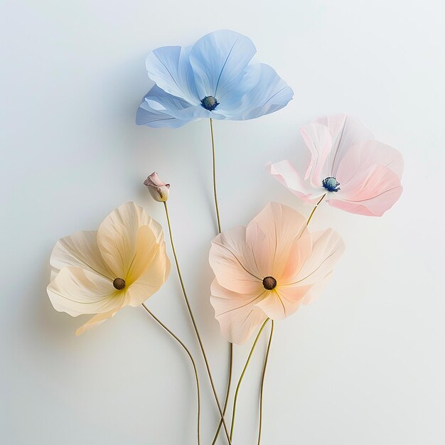 three blue and pink flowers are on a white table