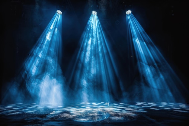 Photo three blue spotlights on a stage