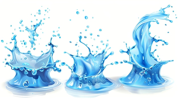 Three blue water splashes with ripples isolated on white background