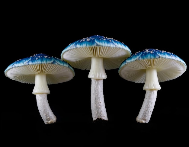 Three blue and white mushrooms are sitting on a black surface