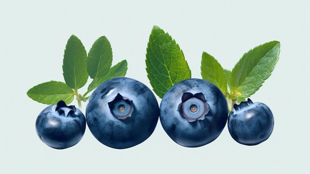 three blueberries with green leaves and one that say