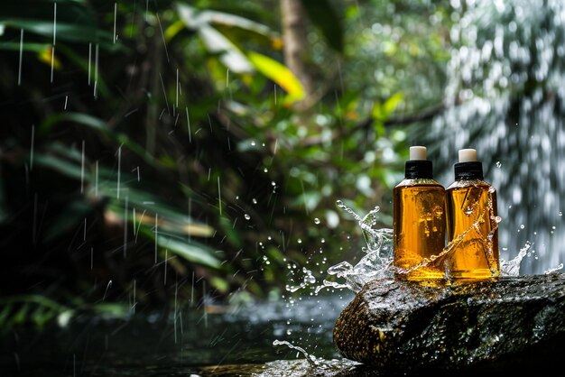 Photo three bottles of alcohol are on a rock in the rain