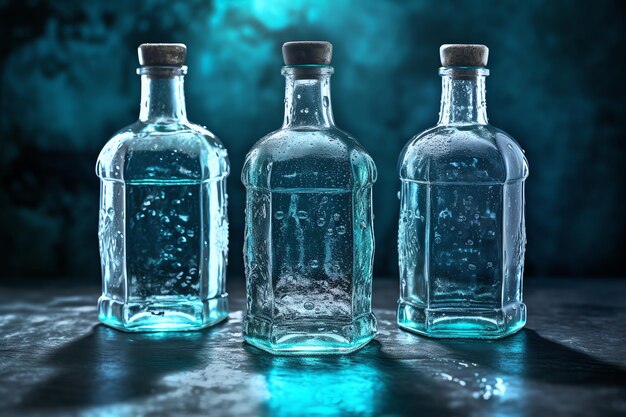 Three bottles of alcohol with the word distilled water on the bottom.