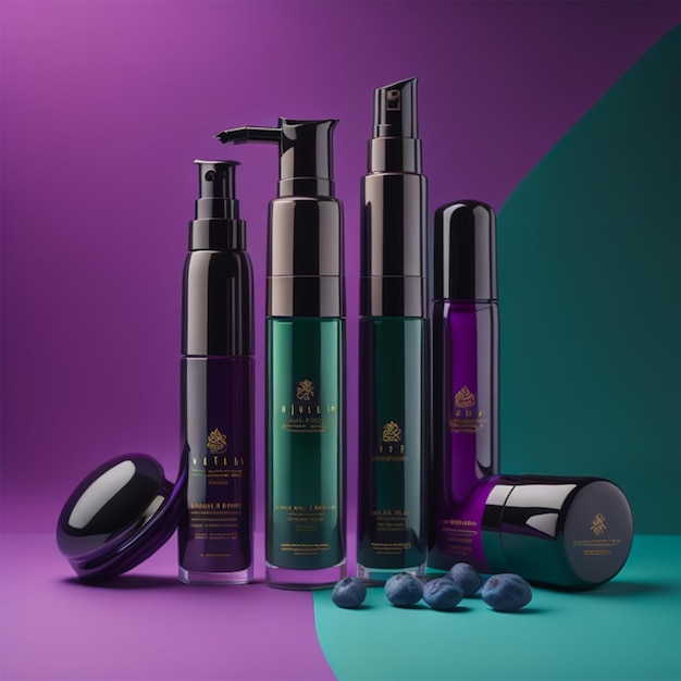 Three bottles of the alhambra skin care products are on a purple and green background.