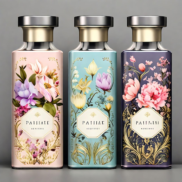 Photo three bottles of different colors of different colors of perfume are lined up