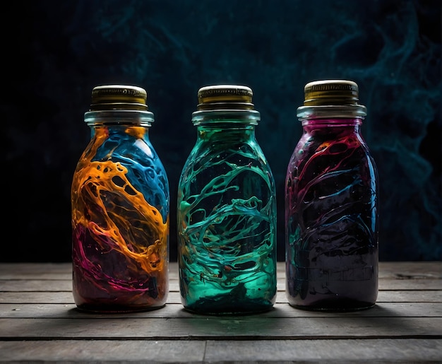 three bottles of different colors sit on a wooden table