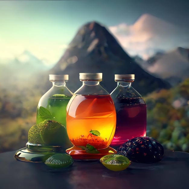 Three bottles of liquid with a mountain in the background.