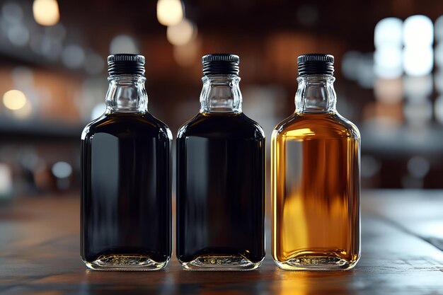 Three bottles of maple syrup are lined up on a table