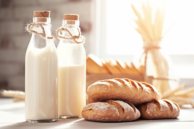 Three bottles of milk next to a bread basket