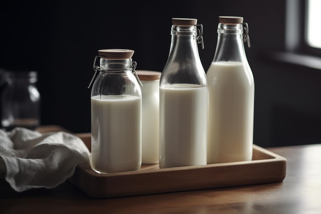 Three bottles of milk on a tray with a white cloth on the table.