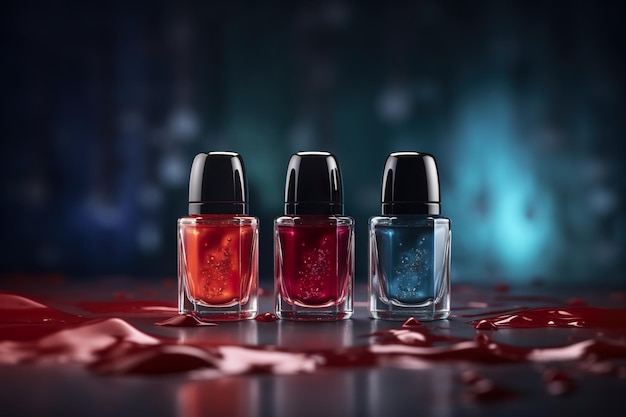 Three bottles of nail polish sitting on a table Generative AI image