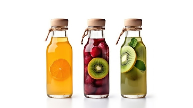 Three bottles of natural vegetable or fruit juices with black caps without labels isolated on a white background