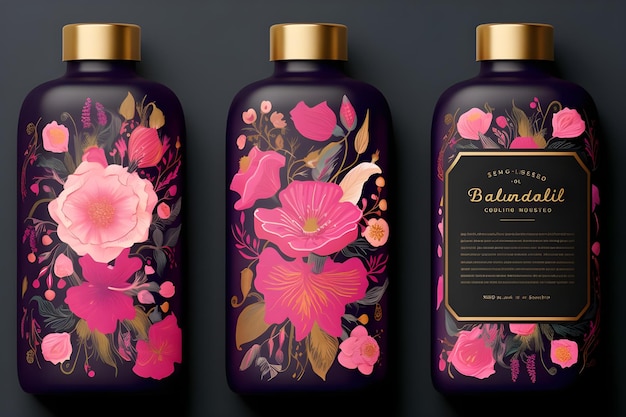 Photo three bottles of perfume with flowers on the label