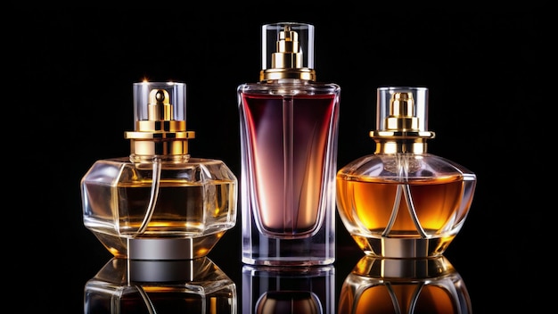 Photo three bottles of perfumes over black background