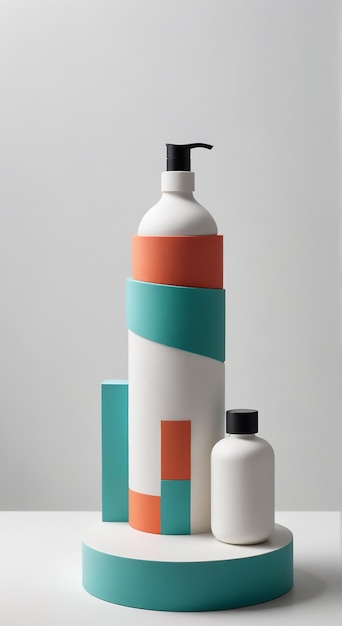 Photo three bottles of shampoo are on a table one of which has a green and orange on it