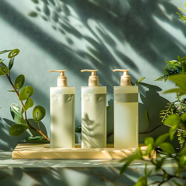 three bottles of soap are on a tray with the sun shining on the wall