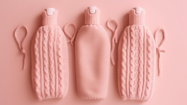 Three bottles of water are lined up on a pink background.