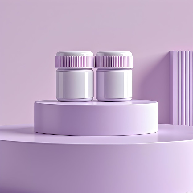 three bottles of white medicine on a shelf with purple background