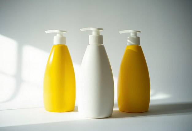 three bottles of white and yellow soap are shown in a row