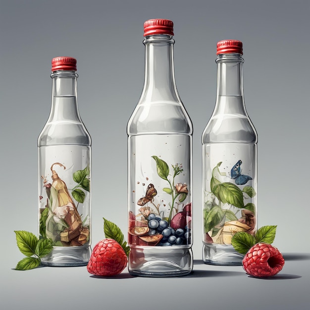 three bottles of wine with a picture of a bird and berries on the bottom