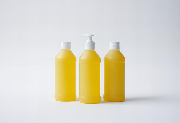 three bottles of yellow liquid are shown with a white background