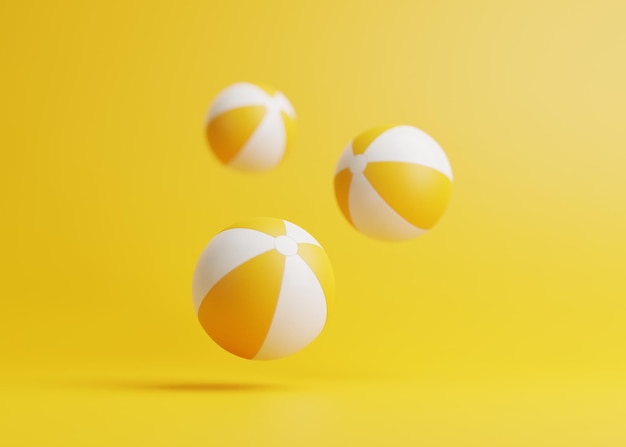 Three bouncing beach balls on a yellow background with copy space 3D render illustration