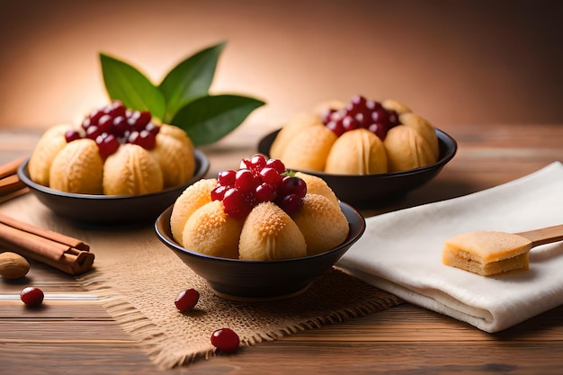 Three bowls of desserts with cranberries on a table