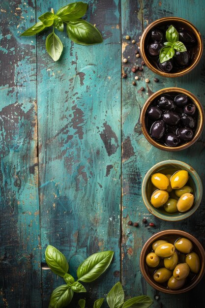 Photo three bowls filled with black olives and green basil leaves placed on a rustic wooden table