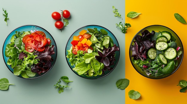 three bowls of salad and a bowl of tomatoes on a table