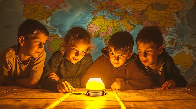 Photo three boys are sitting at a table with a candle in front of them