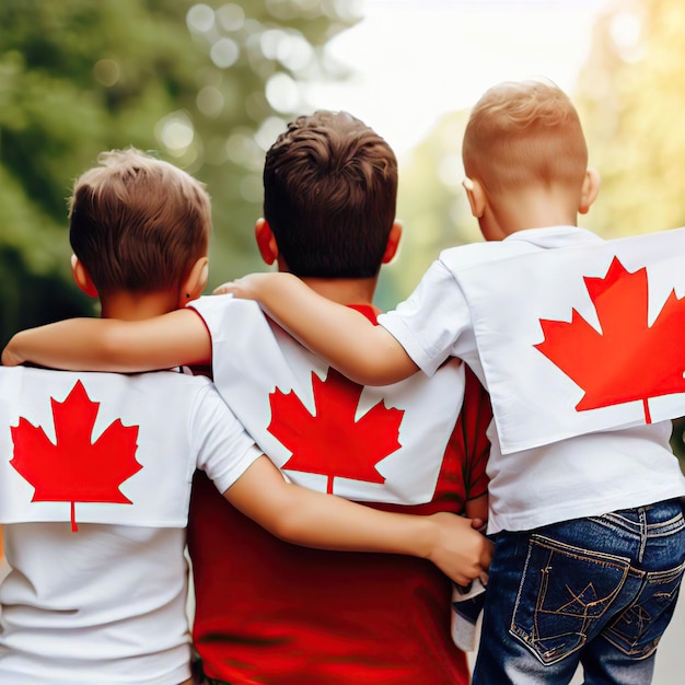 Three boys wearing red and white shirts with the word canada on them.