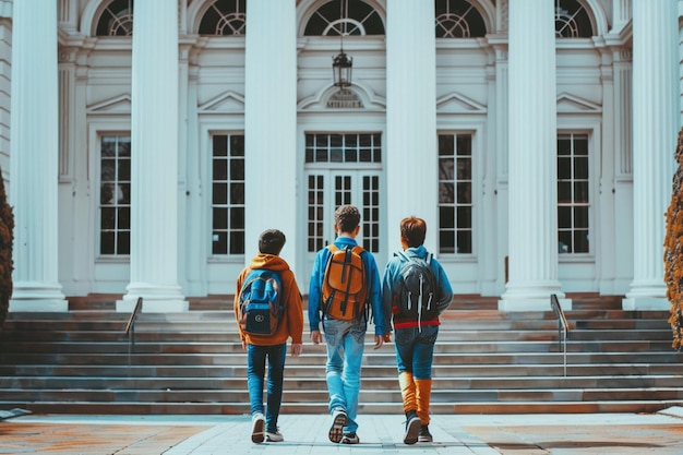 Photo three boys with backpacks walking in front of a building