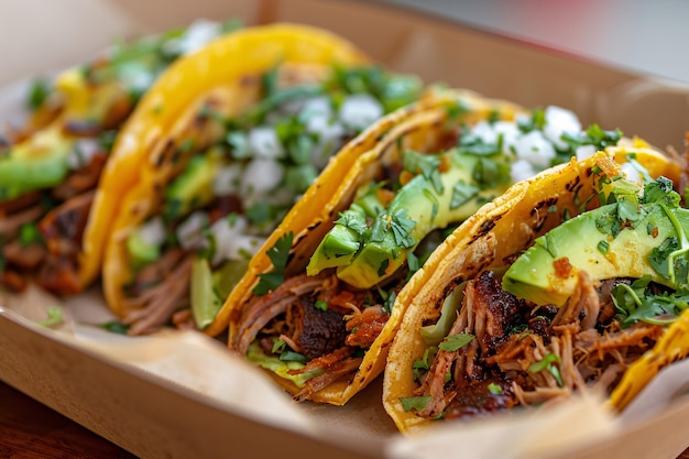 Photo three braised pork street tacos in corn tortilla with guacamole shallot herb and coleslaw