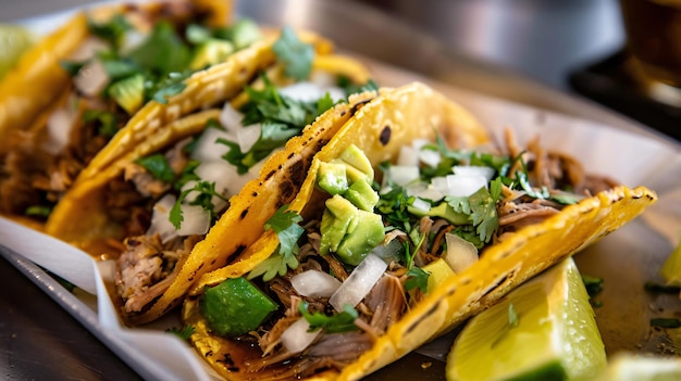 Photo three braised pork street tacos in golden corn tortilla with guacamole shallot coriander and coleslaw