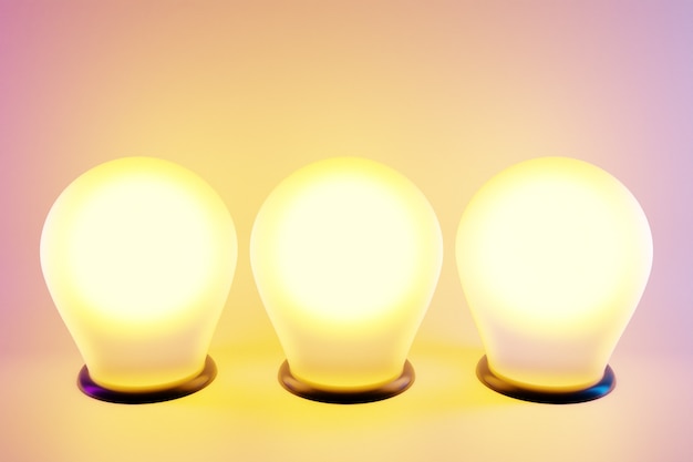 Photo three bright yellow light bulbs in a row are lit on a pink isolated background. the bulbs from the recess are shining brightly