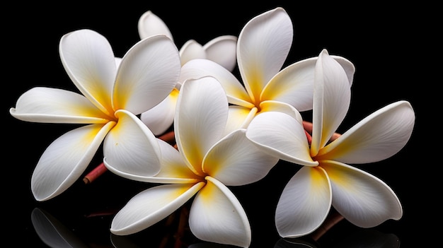 Three bright yellow and white frangipani flowers standing out against a dark black background