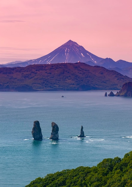 Three brothers rocks in avacha bay kamchatka peninsula