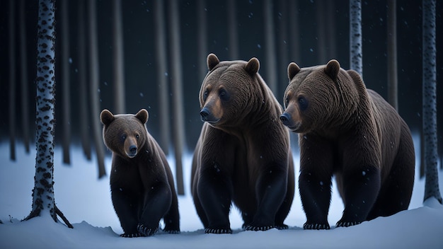 Three brown bears in the winter forest Computer digital drawing