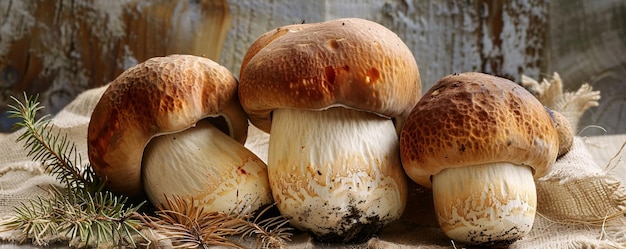 Three brown boletus edulis mushrooms lying on jute with some coniferous twigs