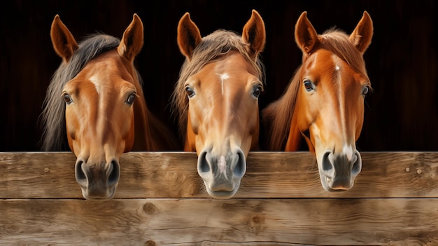 Three brown horses lean out of a wooden stall A stable or ranch with horses Horizontal format